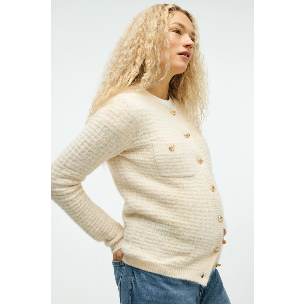 H&M Structured Knit Cardigan Women Medium Ivory Gold Button Maternity Sweater